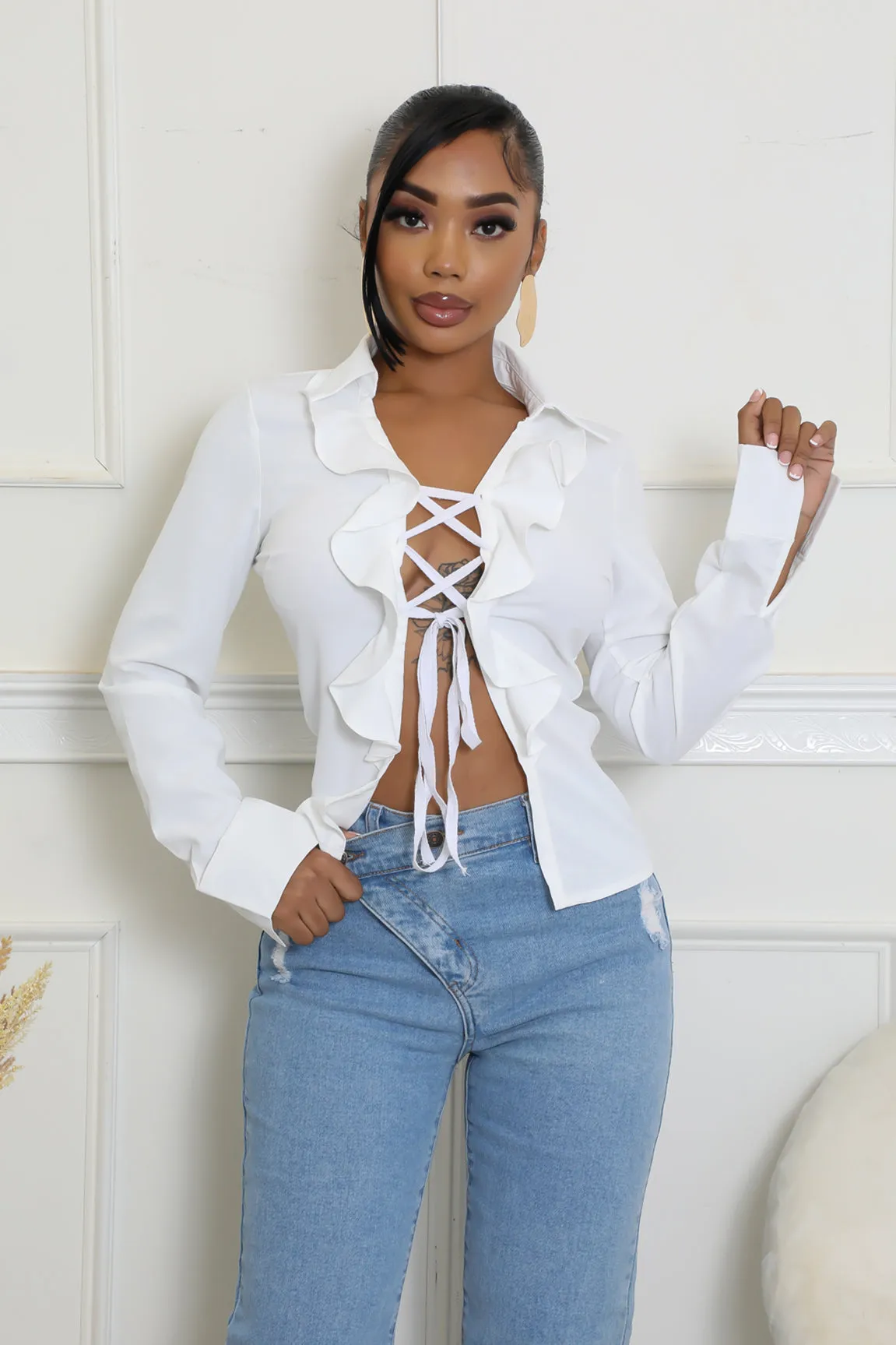 CAY1252P - RUFFLE TIE UP BLOUSE