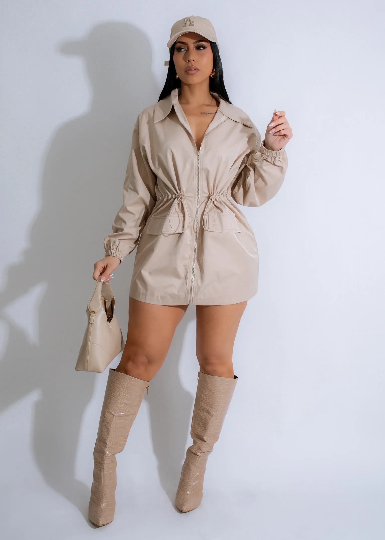 CAY1336P - DRAWSTRING WAIST TRACK JACKET DRESS