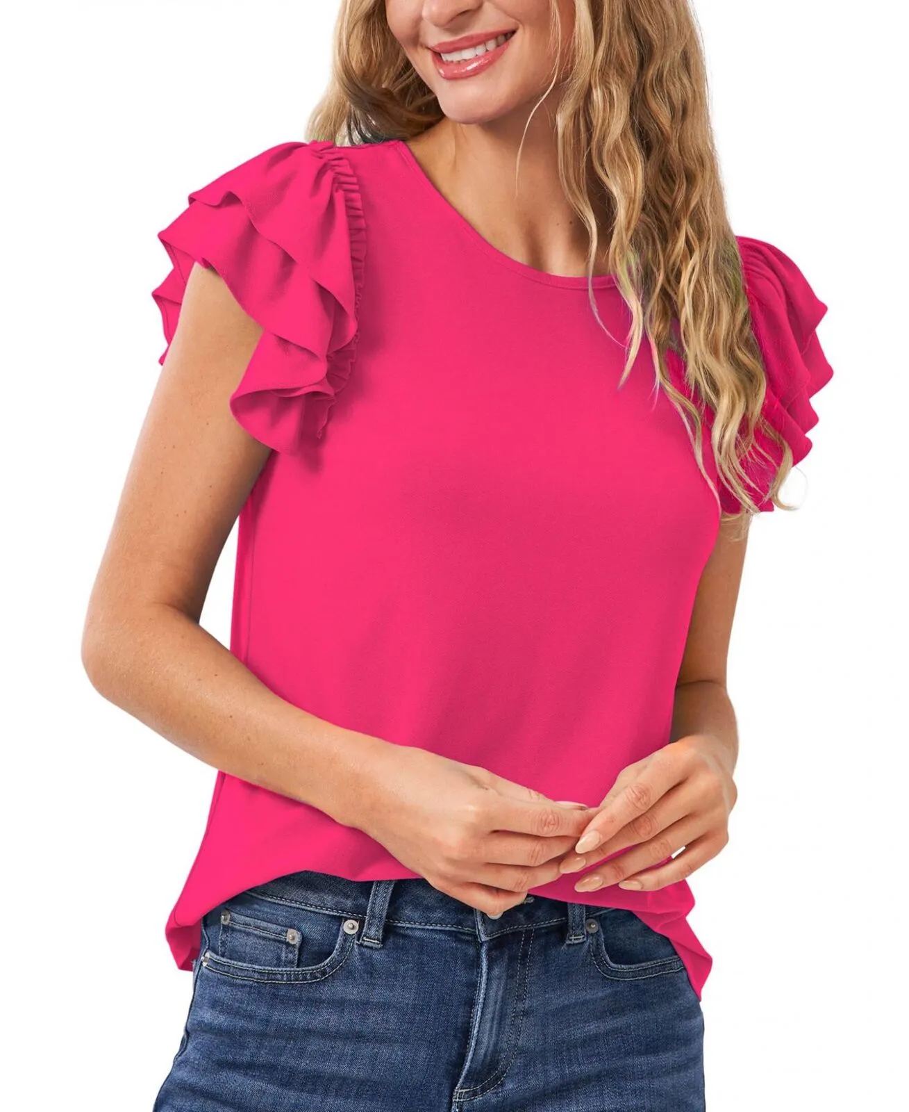 Cece Ruffled Flutter-Sleeve Short Sleeve Knit Top 7031619 Bright Rose Pink S