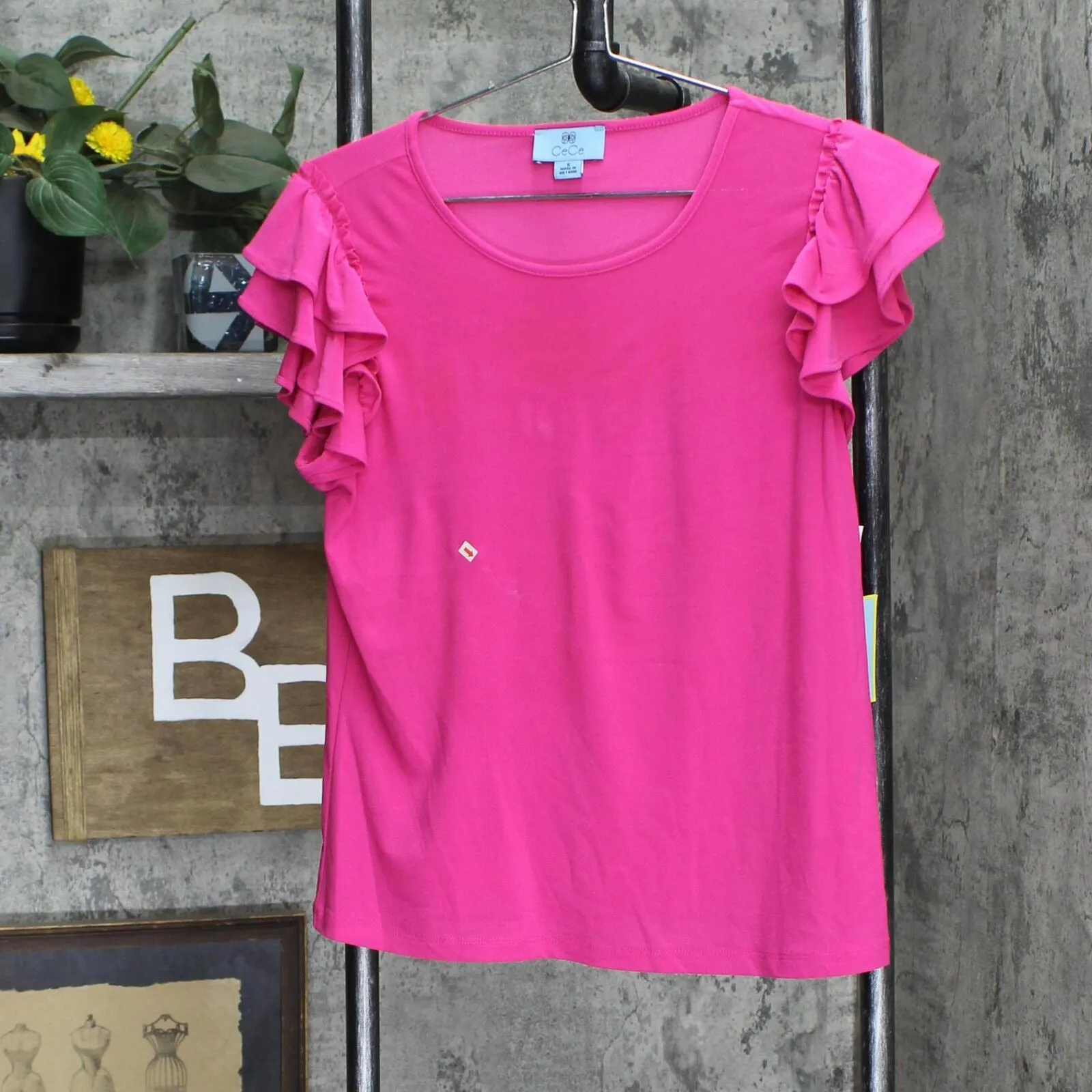 Cece Ruffled Flutter-Sleeve Short Sleeve Knit Top 7031619 Bright Rose Pink S