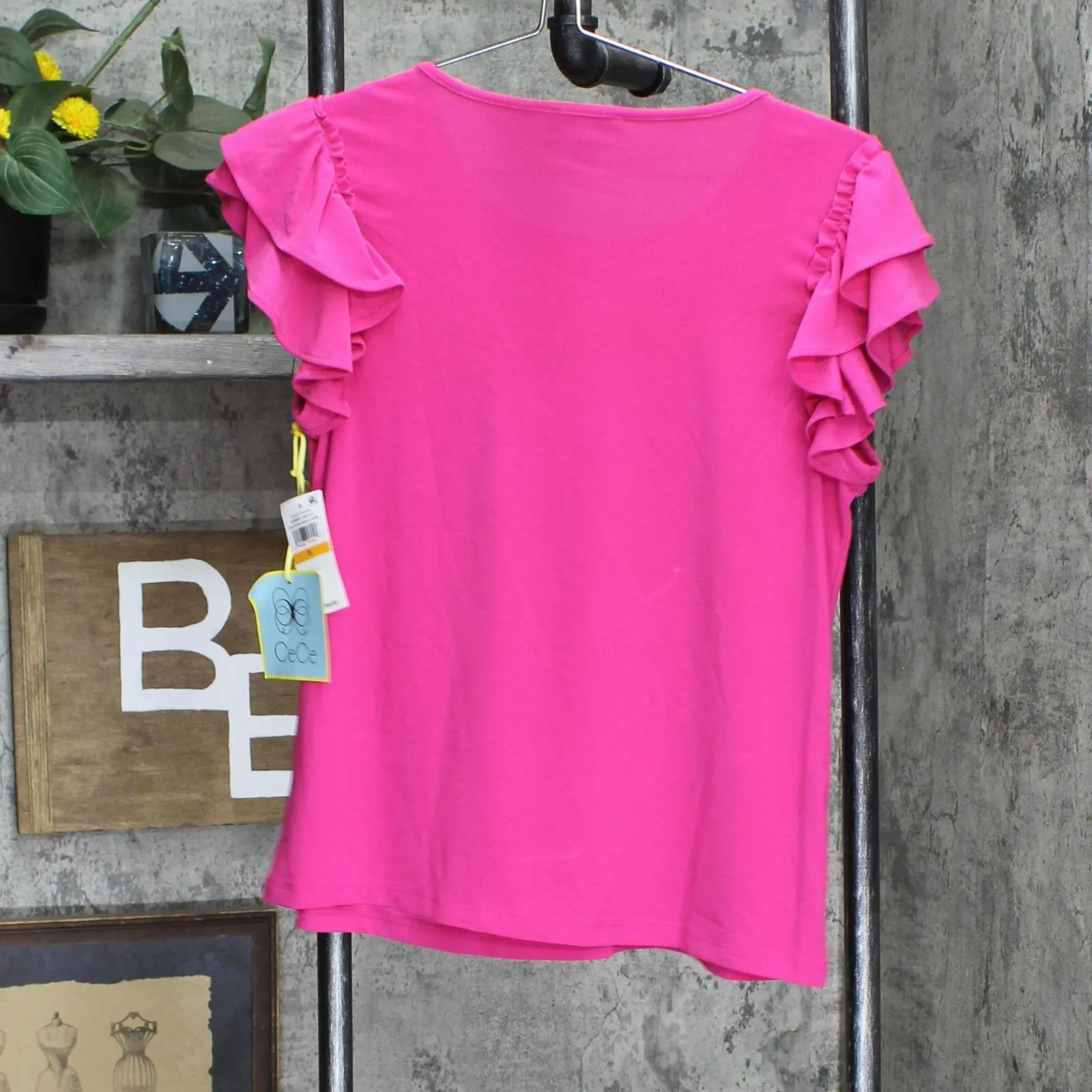 Cece Ruffled Flutter-Sleeve Short Sleeve Knit Top 7031619 Bright Rose Pink S