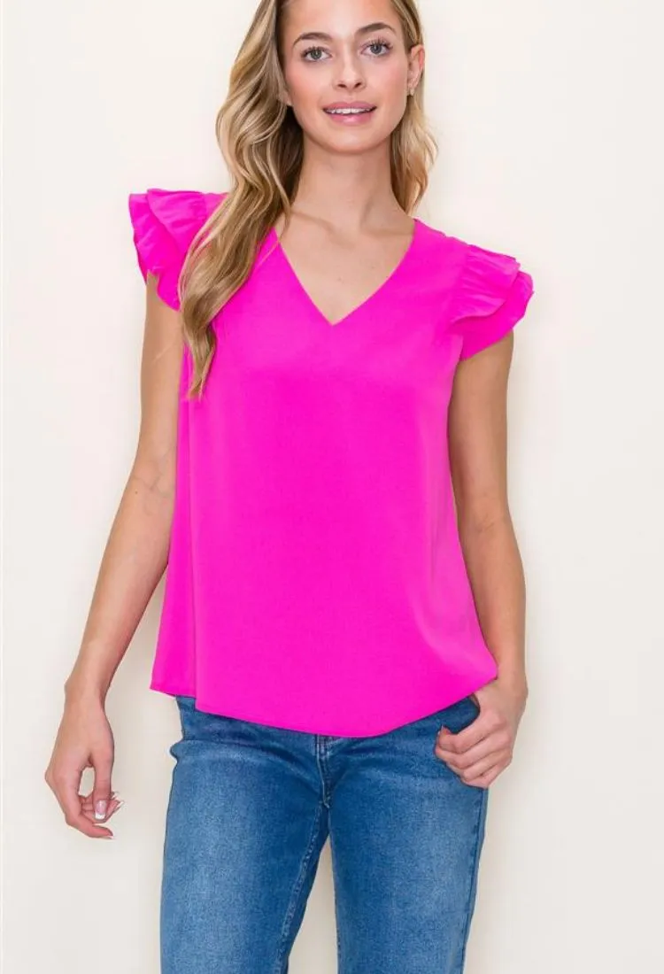 Charity V Neck Double Ruffle Sleeve Blouse