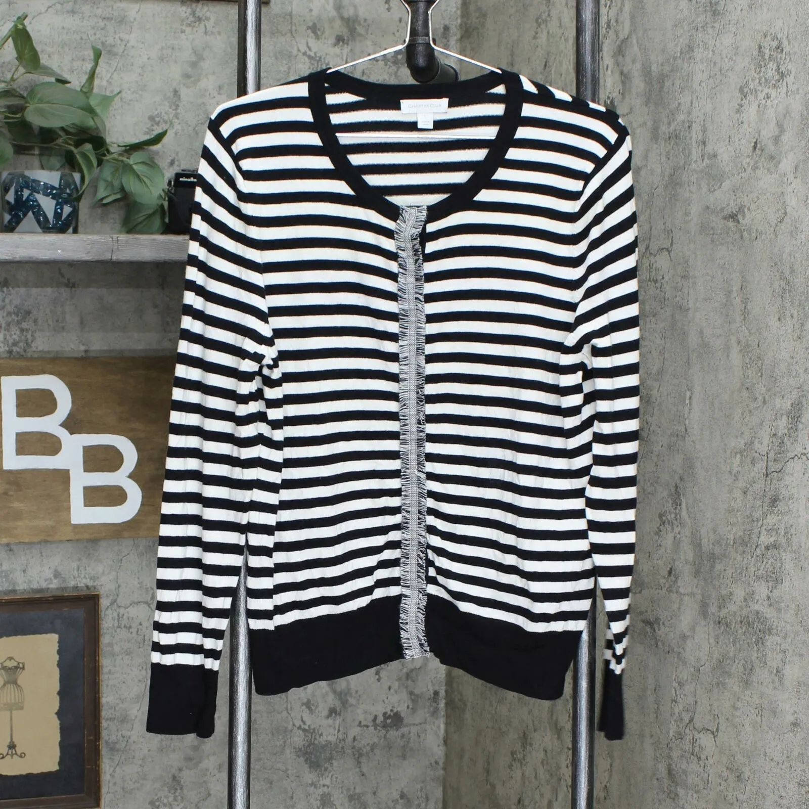 Charter Club Women's Striped Snap Front Cardigan Black / White Large