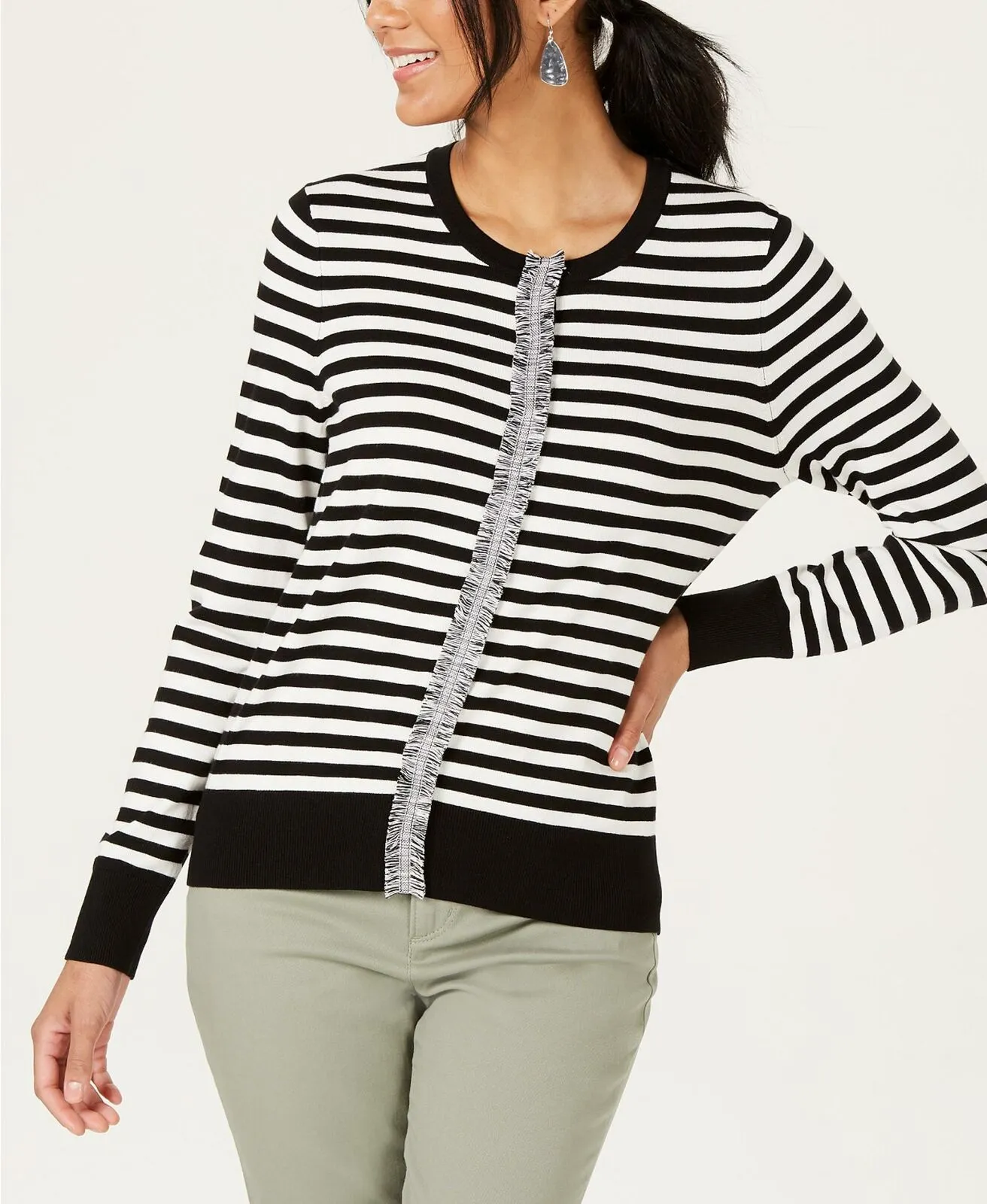 Charter Club Women's Striped Snap Front Cardigan Black / White Large