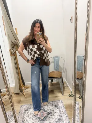 Checkered Button Down Short Sleeve Cardigan