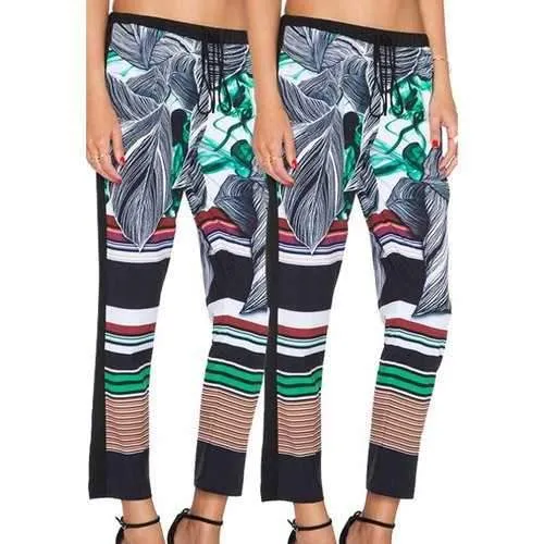 Chic Leaf and Stripe Printed Ankle Leggings For Women - L