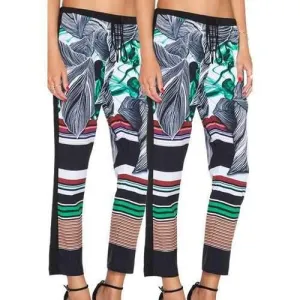 Chic Leaf and Stripe Printed Ankle Leggings For Women - L