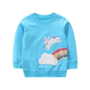 Children's Cute Running Bunny Print Long Sleeve Cotton Sweatshirt - Blue