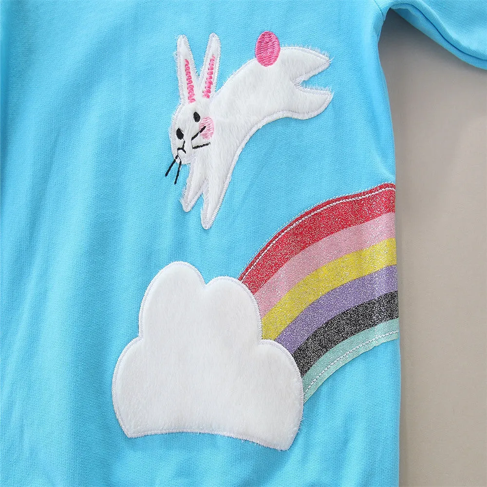 Children's Cute Running Bunny Print Long Sleeve Cotton Sweatshirt - Blue