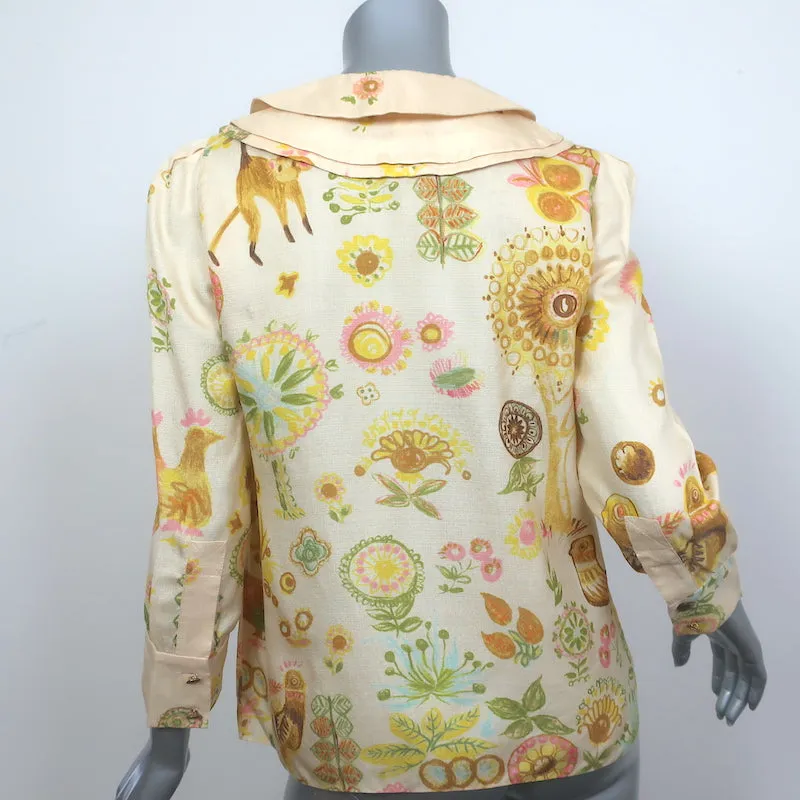 Chloe Button Up Blouse Light Yellow Printed Silk Size 38 Triple Collar Top