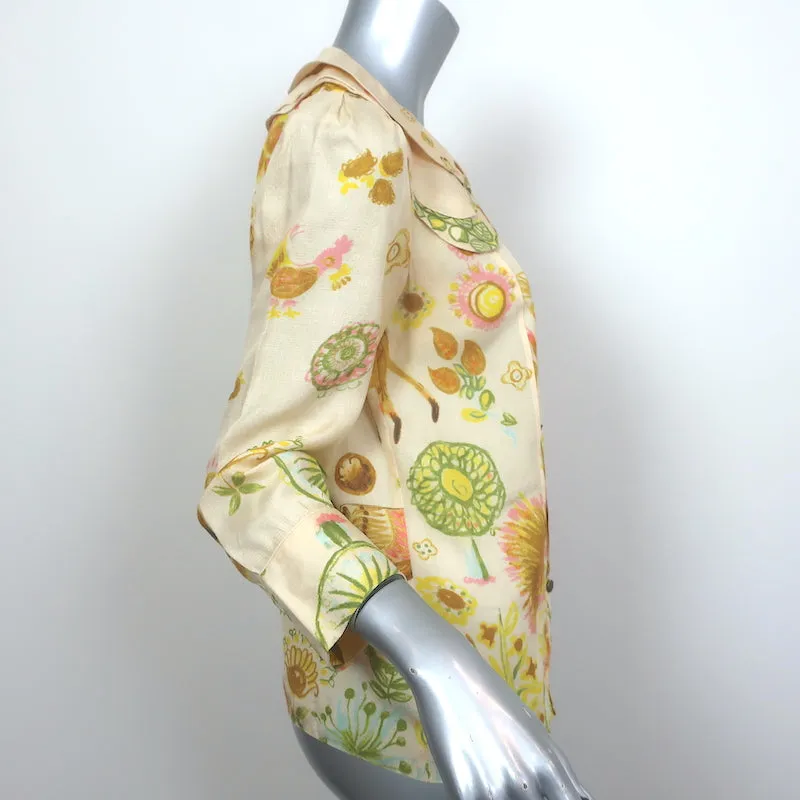 Chloe Button Up Blouse Light Yellow Printed Silk Size 38 Triple Collar Top