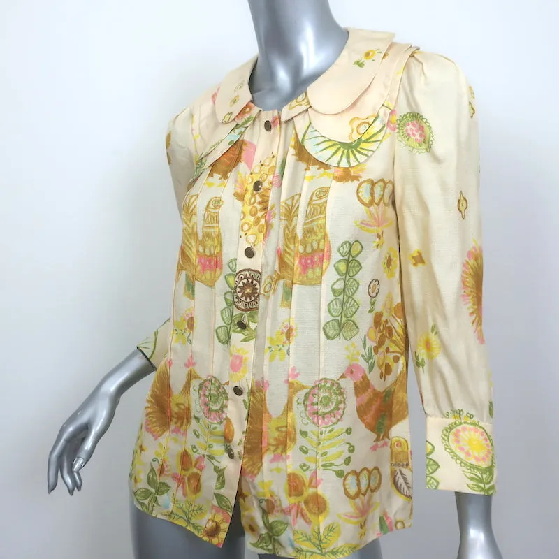 Chloe Button Up Blouse Light Yellow Printed Silk Size 38 Triple Collar Top