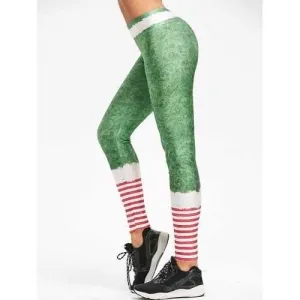 Christmas Striped Belt Print Leggings - Green M