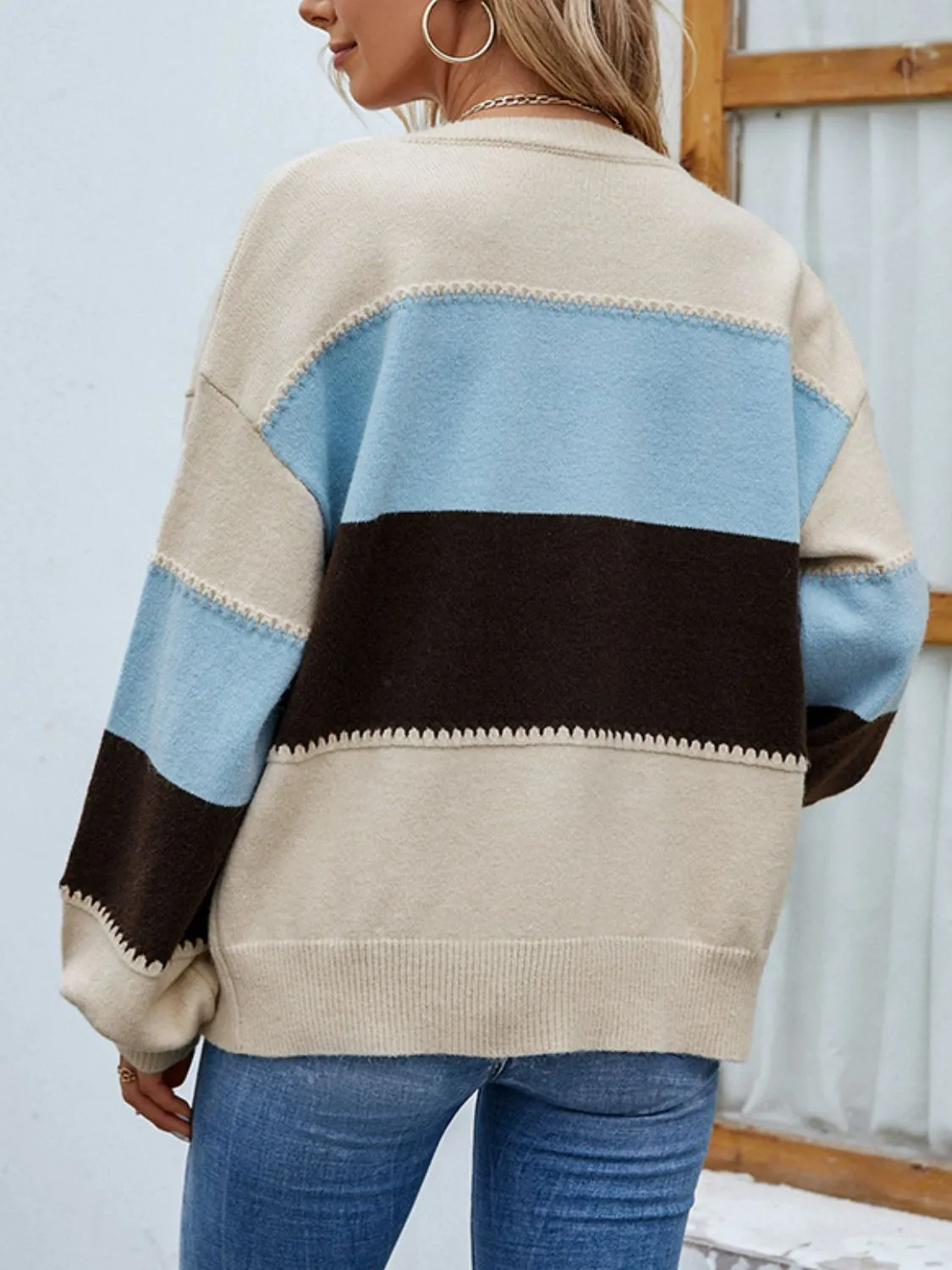 Color Block Lantern Sleeve Button Down Cardigan-Online Exclusive