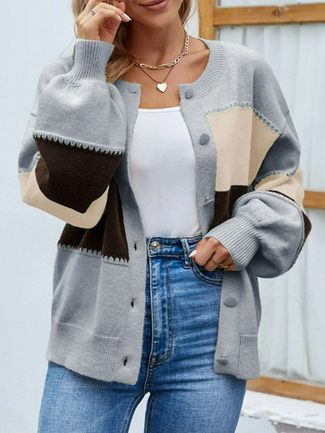 Color Block Lantern Sleeve Button Down Cardigan-Online Exclusive