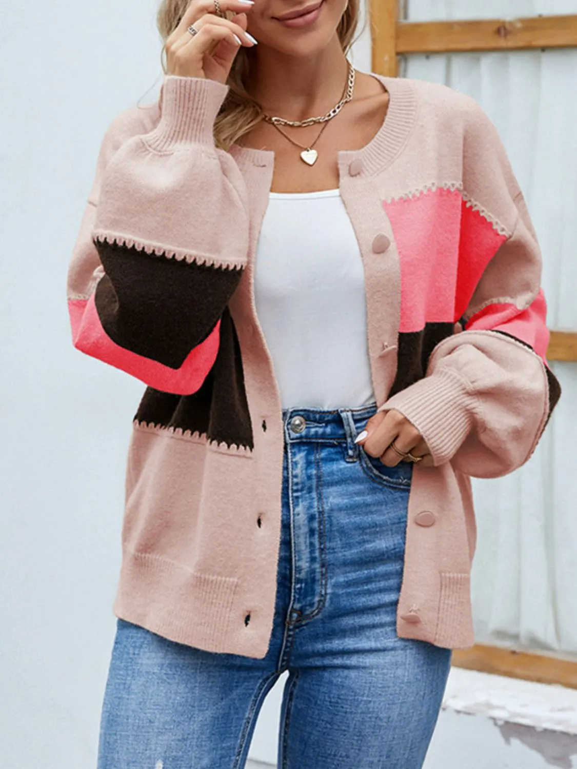 Color Block Lantern Sleeve Button Down Cardigan-Online Exclusive