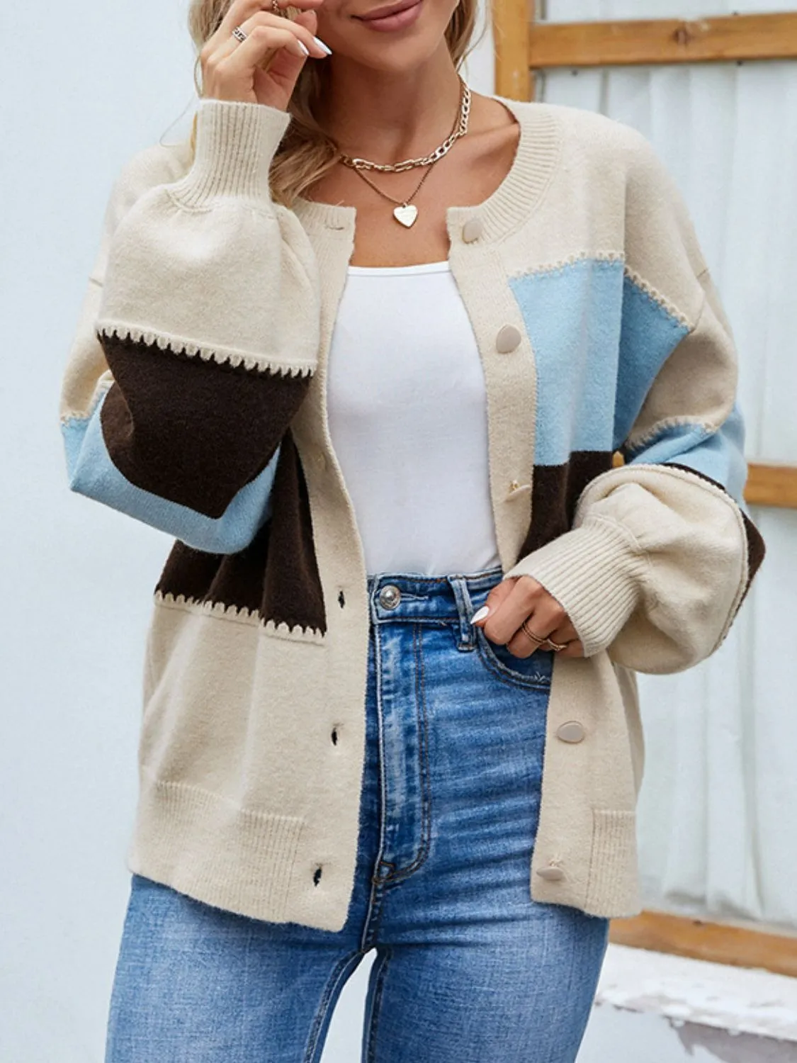 Color Block Lantern Sleeve Button Down Cardigan-Online Exclusive
