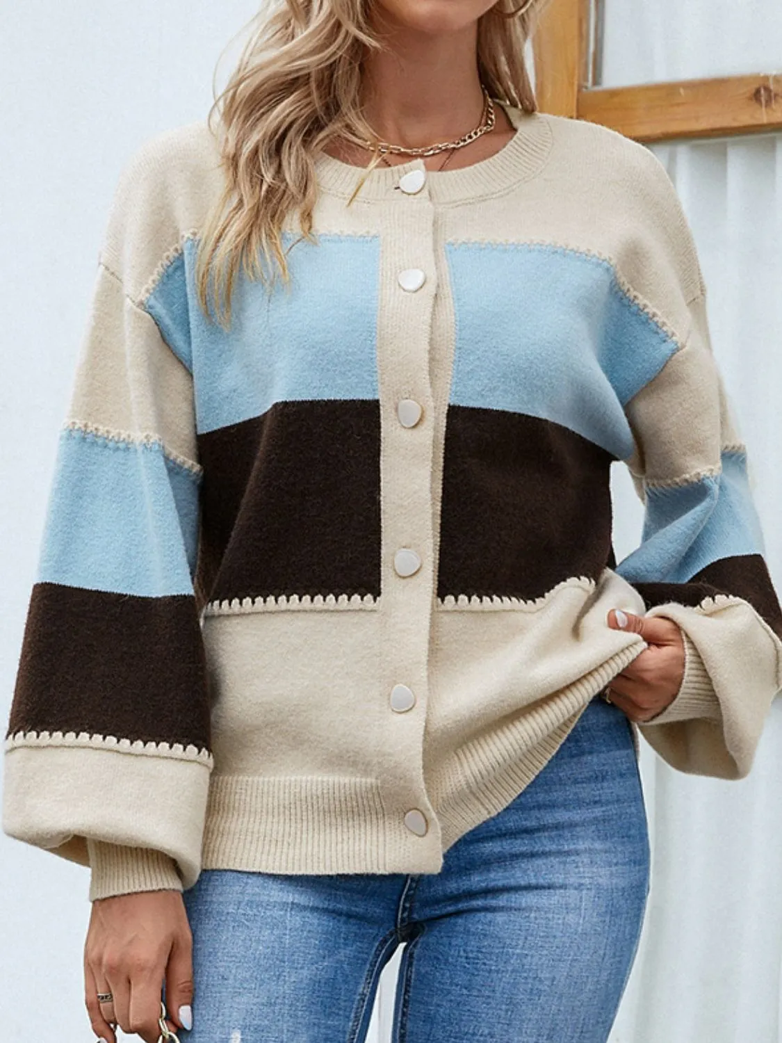 Color Block Lantern Sleeve Button Down Cardigan-Online Exclusive