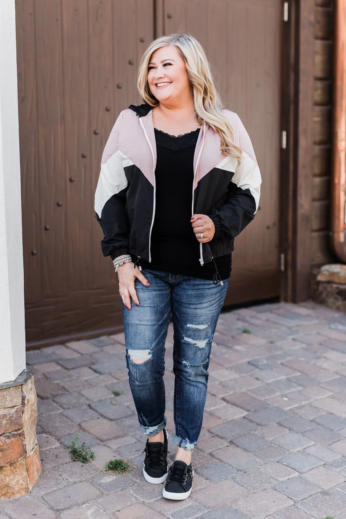 Color Block Windbreaker Zip Up Jacket - Pink & Black