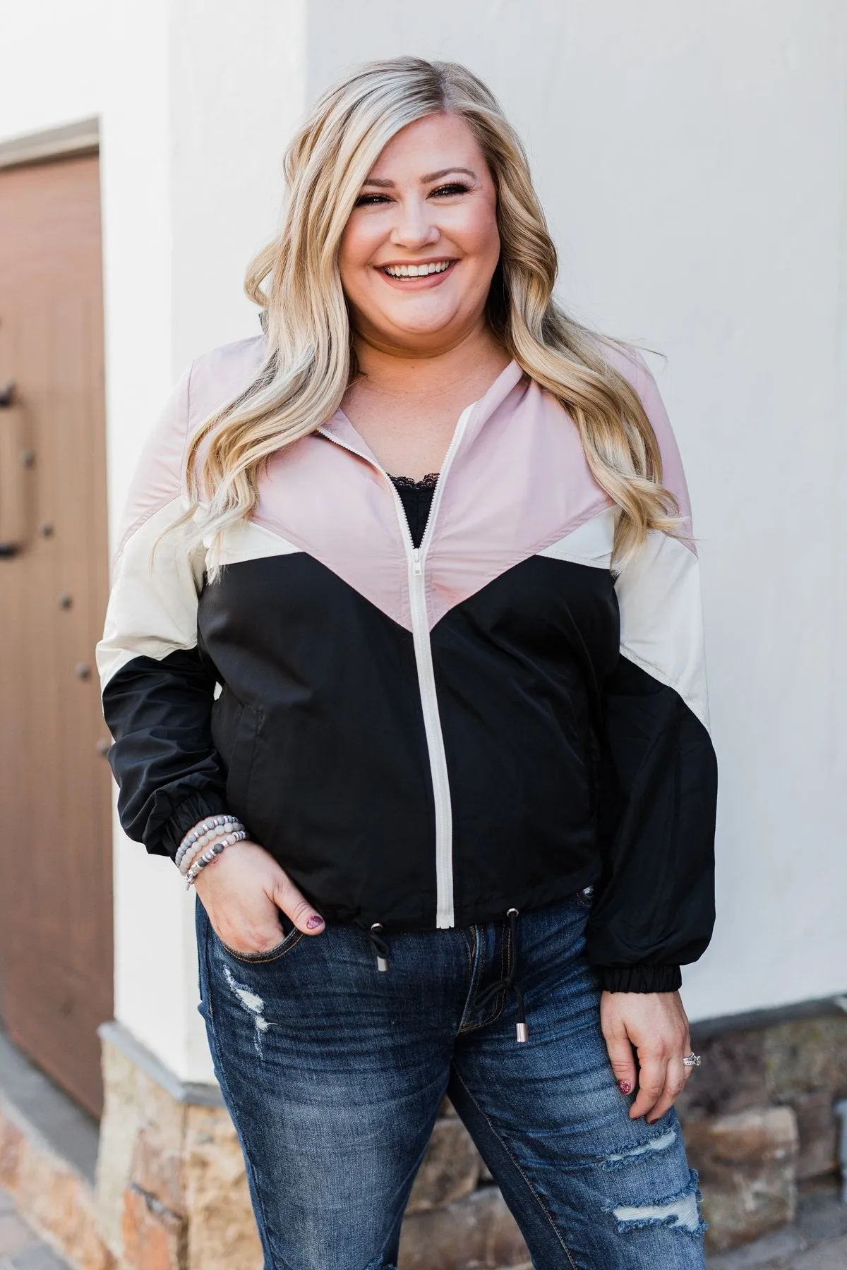 Color Block Windbreaker Zip Up Jacket - Pink & Black