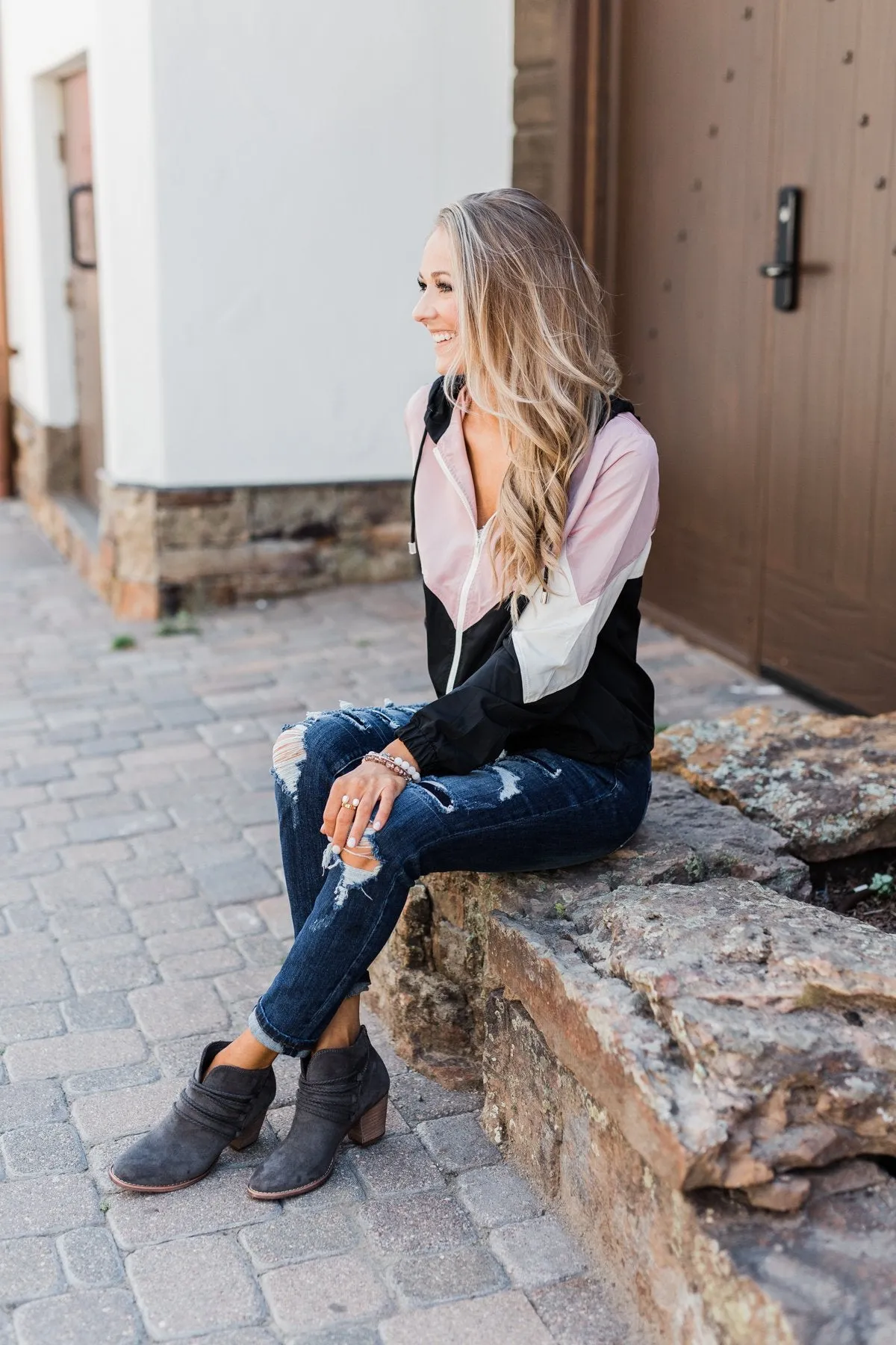 Color Block Windbreaker Zip Up Jacket - Pink & Black