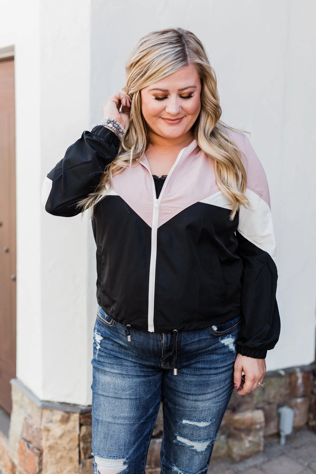 Color Block Windbreaker Zip Up Jacket - Pink & Black
