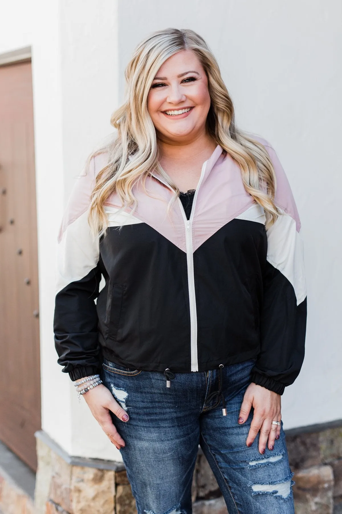 Color Block Windbreaker Zip Up Jacket - Pink & Black