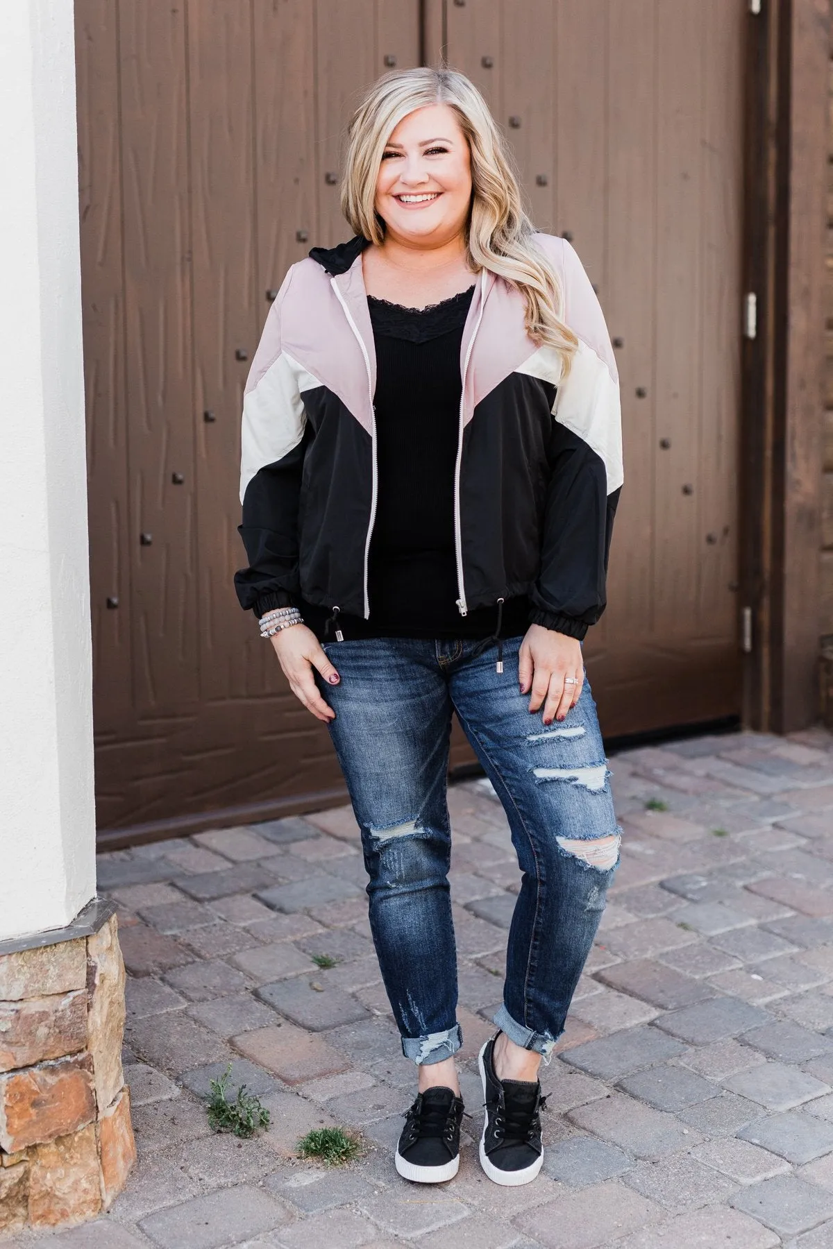 Color Block Windbreaker Zip Up Jacket - Pink & Black
