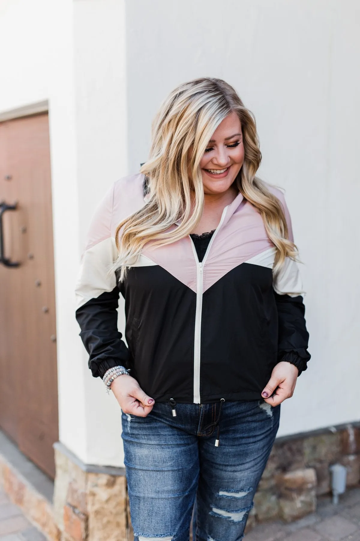 Color Block Windbreaker Zip Up Jacket - Pink & Black