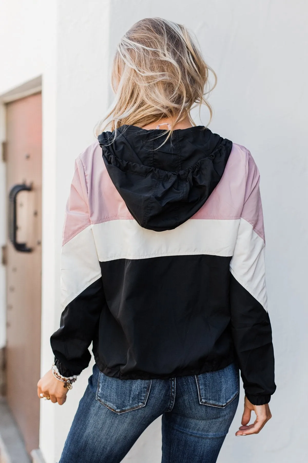 Color Block Windbreaker Zip Up Jacket - Pink & Black