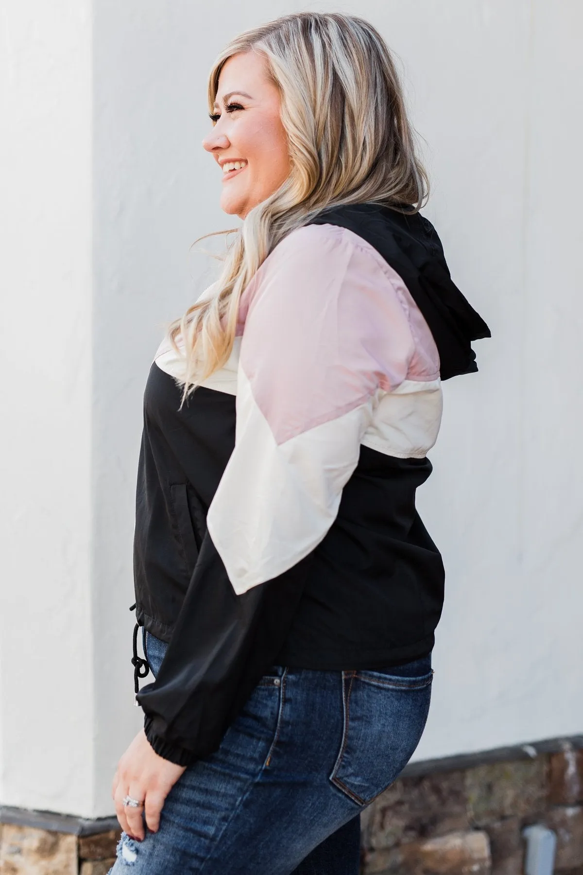 Color Block Windbreaker Zip Up Jacket - Pink & Black