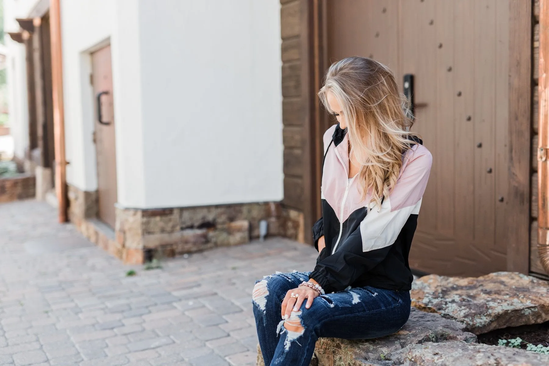 Color Block Windbreaker Zip Up Jacket - Pink & Black