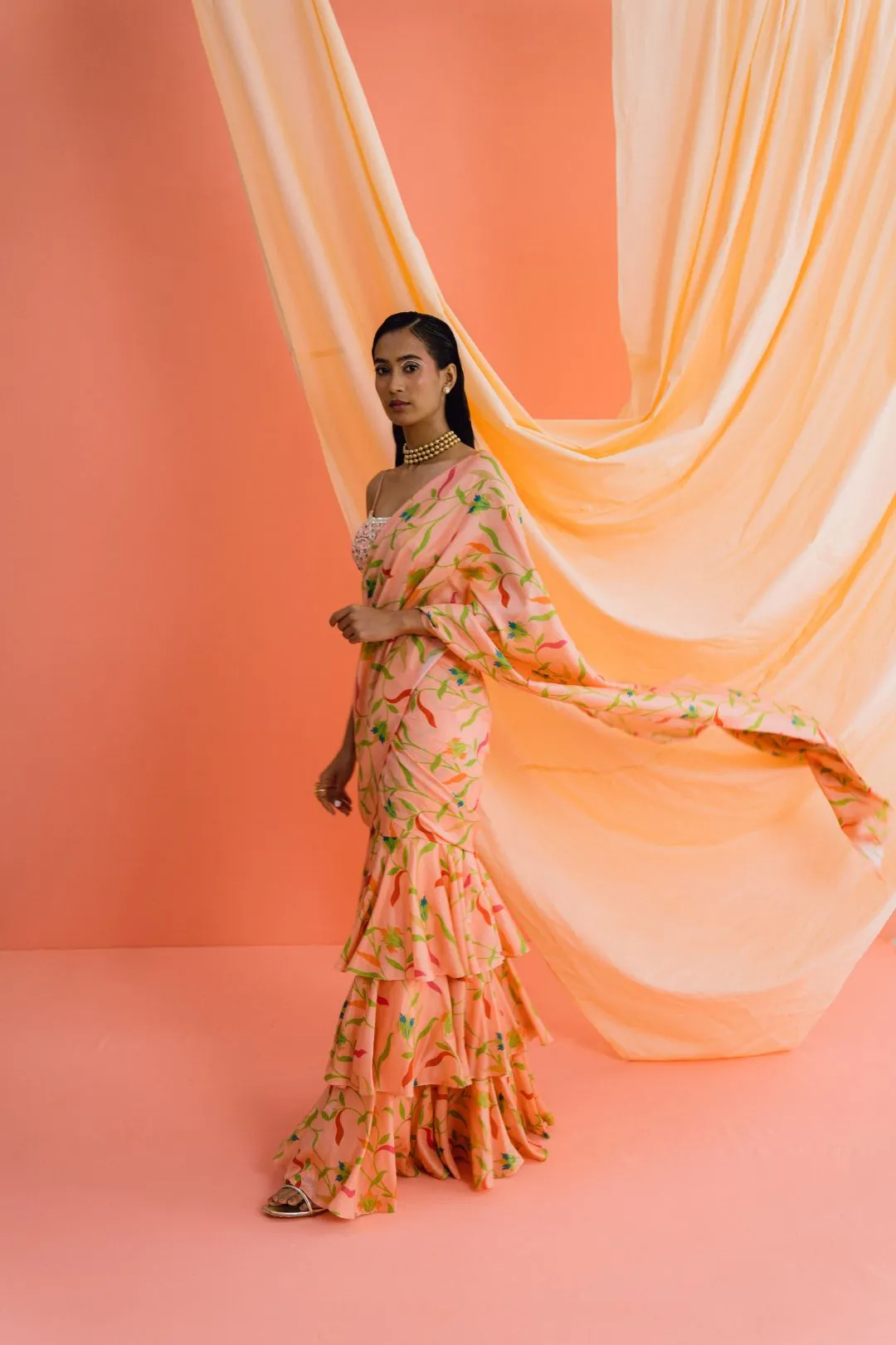 Coral Printed Ruffle Pre-stitched Saree