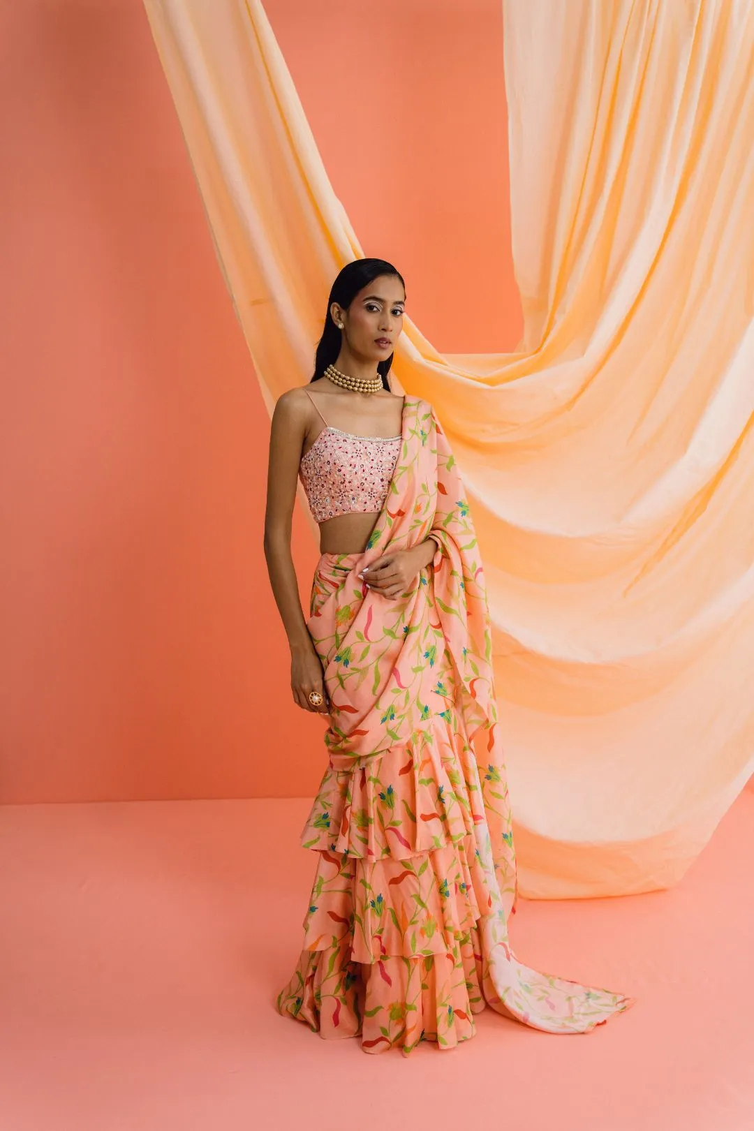 Coral Printed Ruffle Pre-stitched Saree