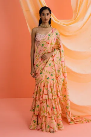 Coral Printed Ruffle Pre-stitched Saree