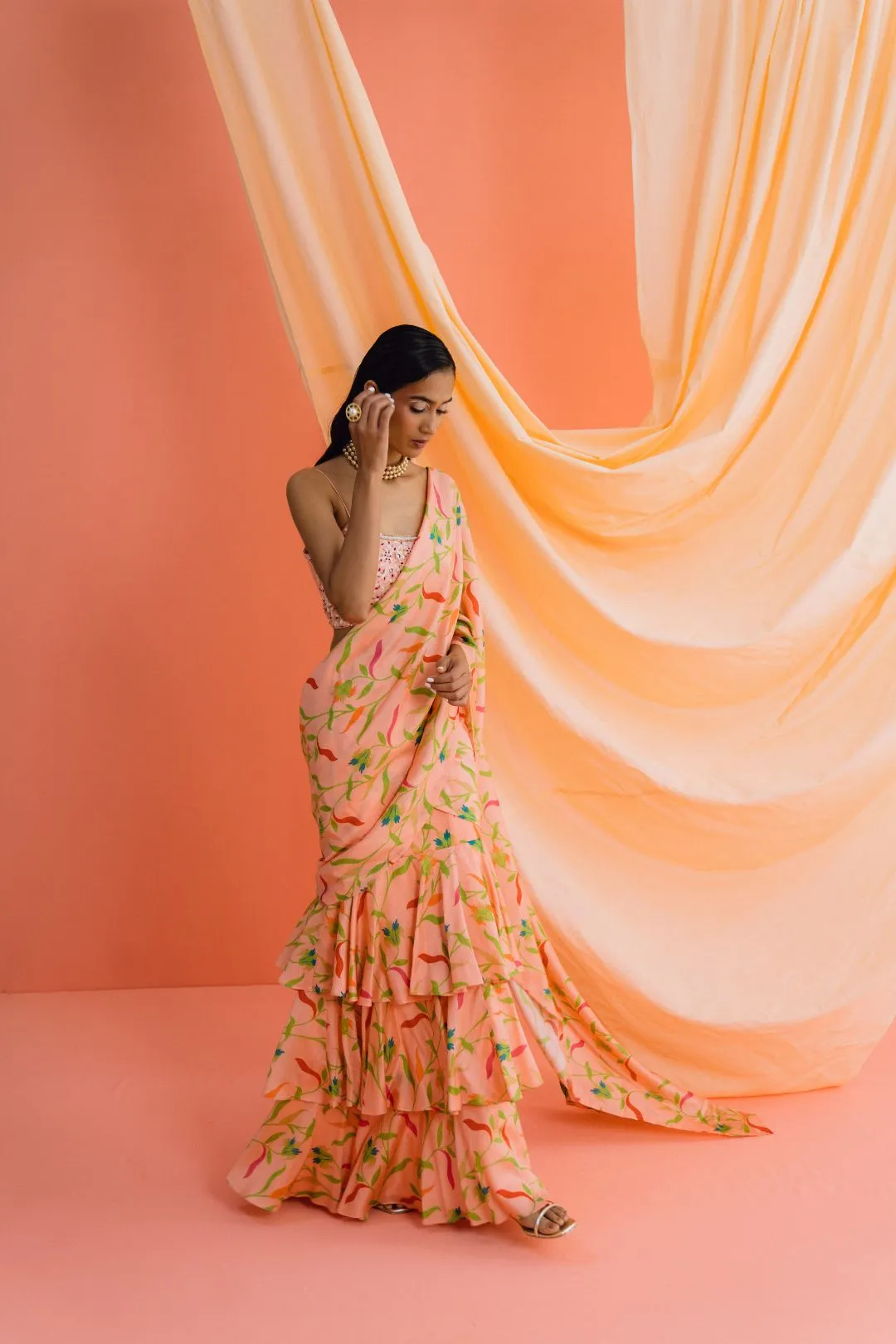 Coral Printed Ruffle Pre-stitched Saree