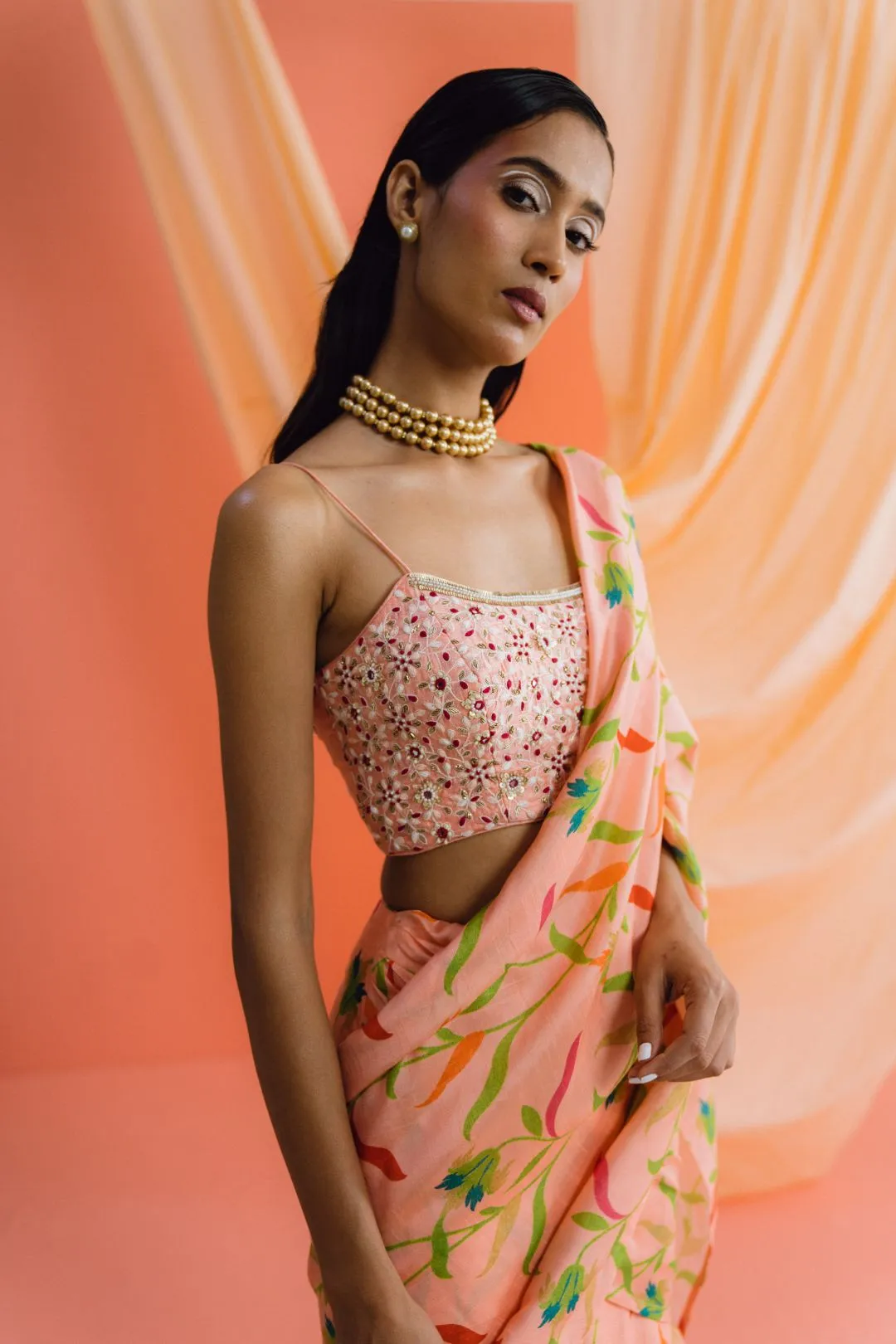 Coral Printed Ruffle Pre-stitched Saree