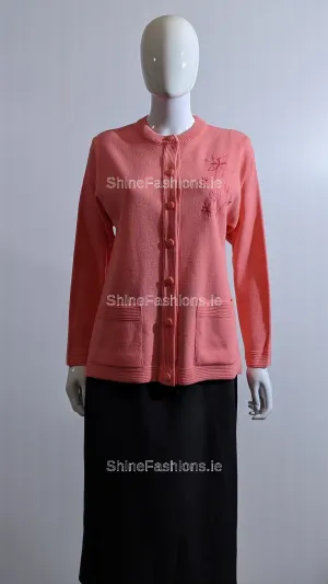 Coral Round Neck Button Pocket Cardigan