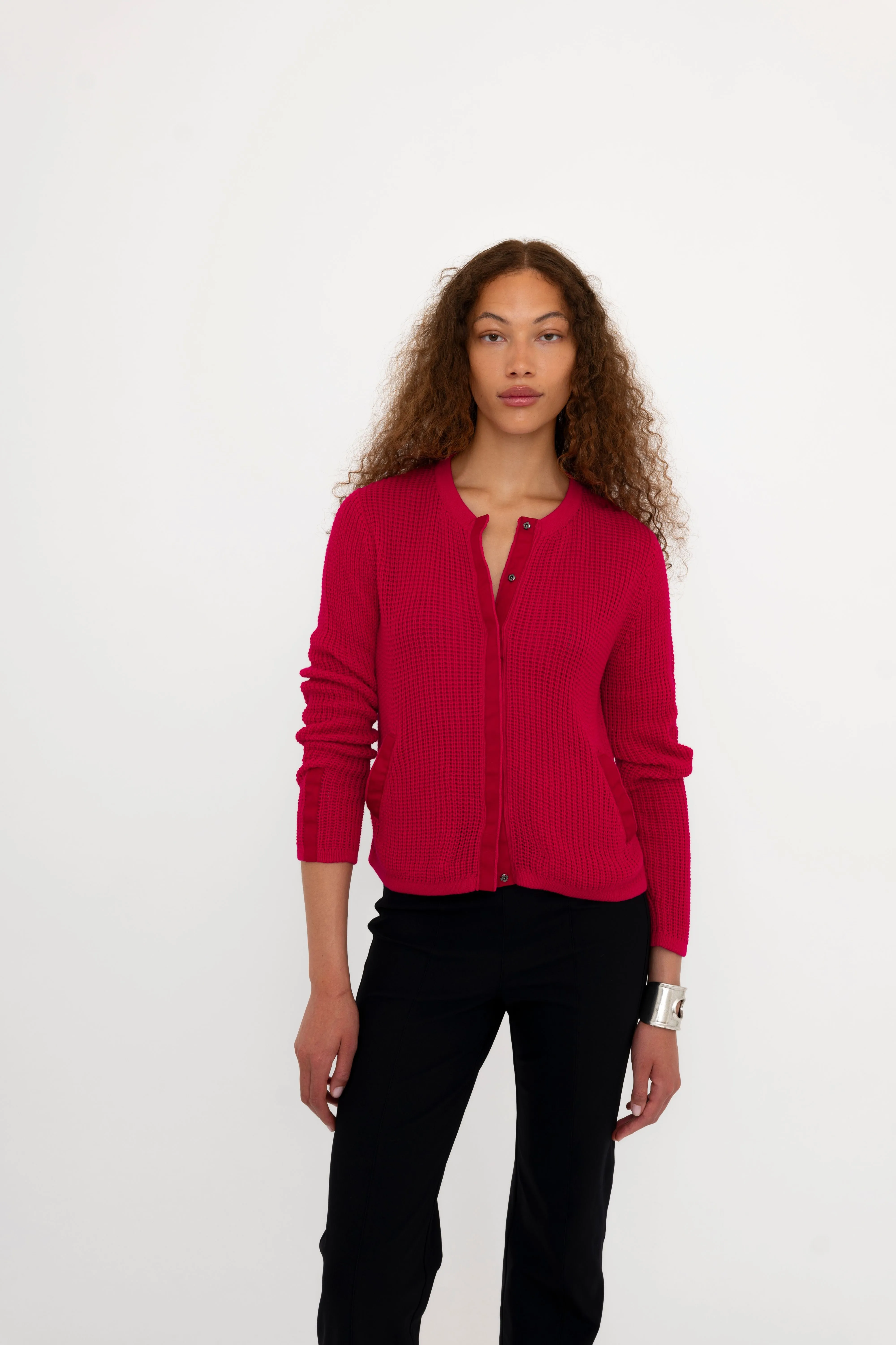 Cotton Waffle Knit Crew Neck Cardigan - BIJOUX
