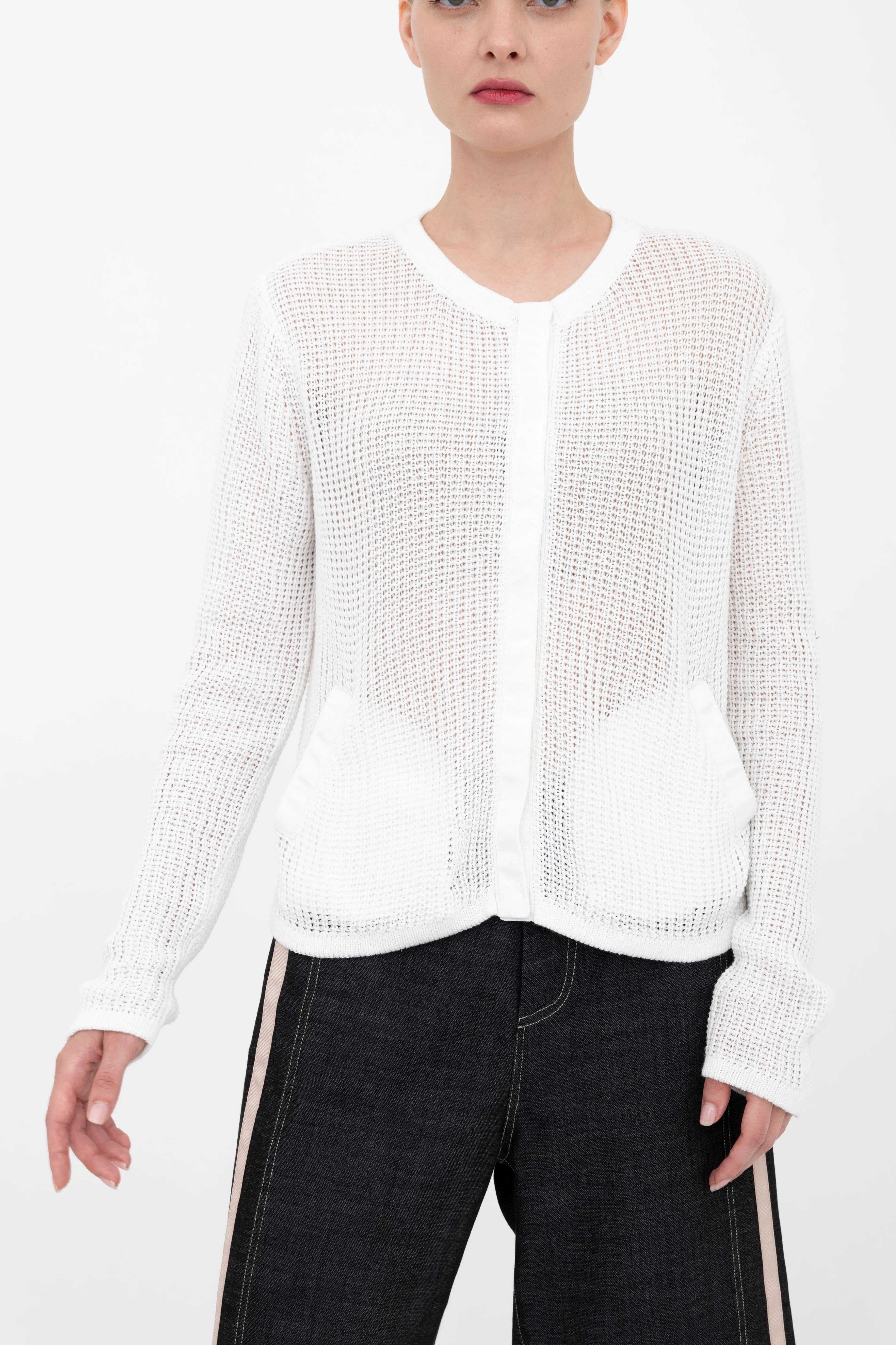 Cotton Waffle Knit Crew Neck Cardigan - BIJOUX