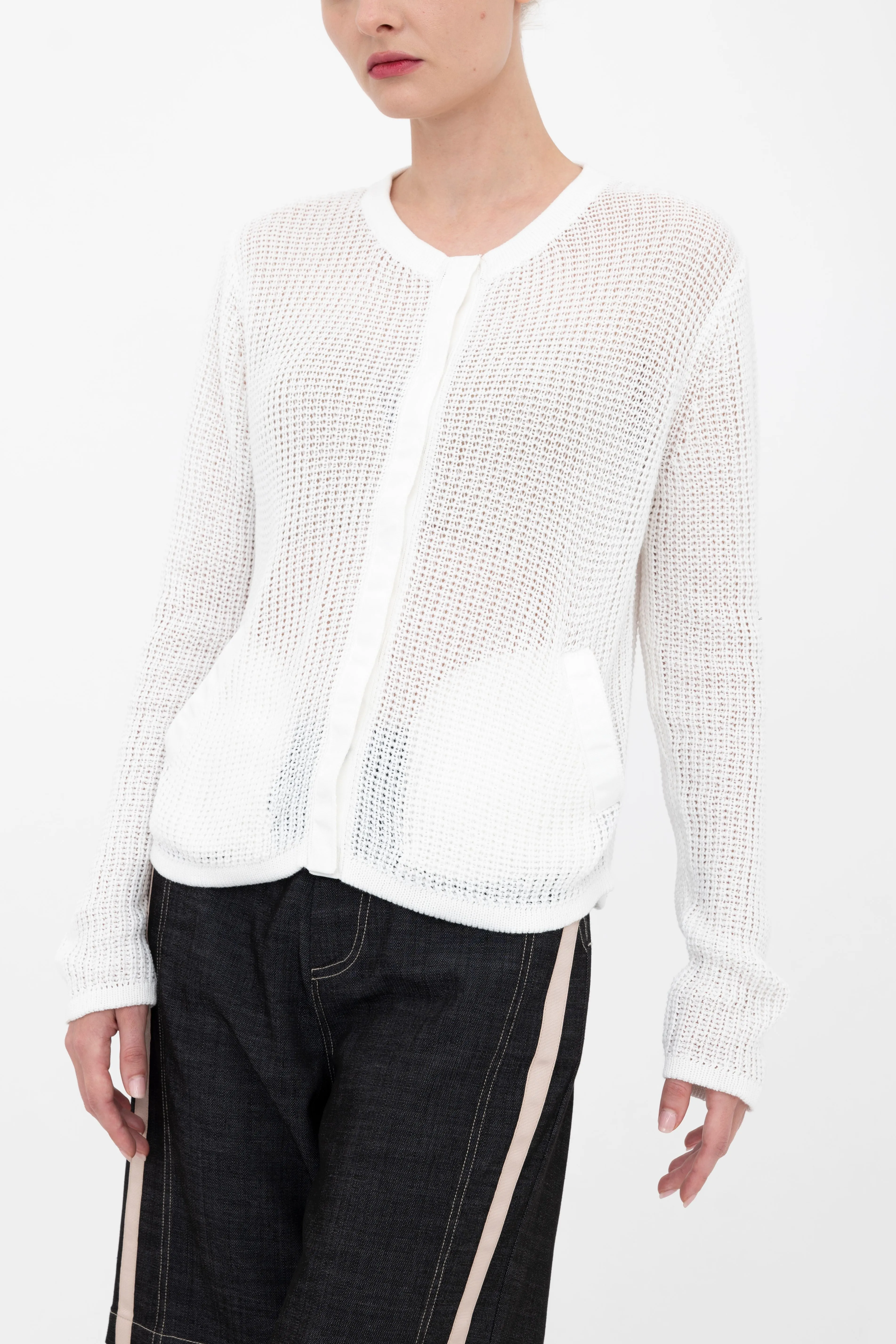 Cotton Waffle Knit Crew Neck Cardigan - BIJOUX