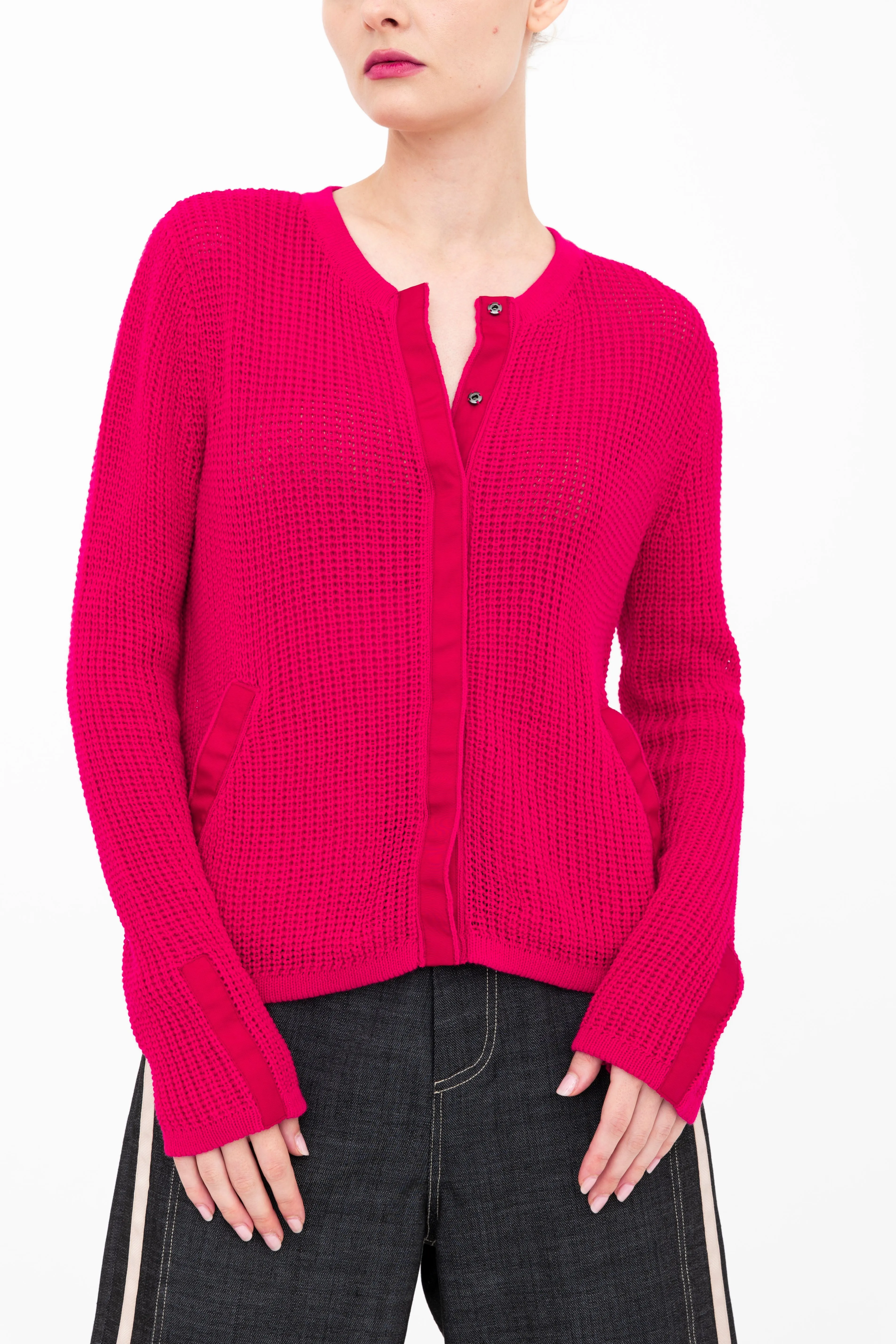 Cotton Waffle Knit Crew Neck Cardigan - BIJOUX