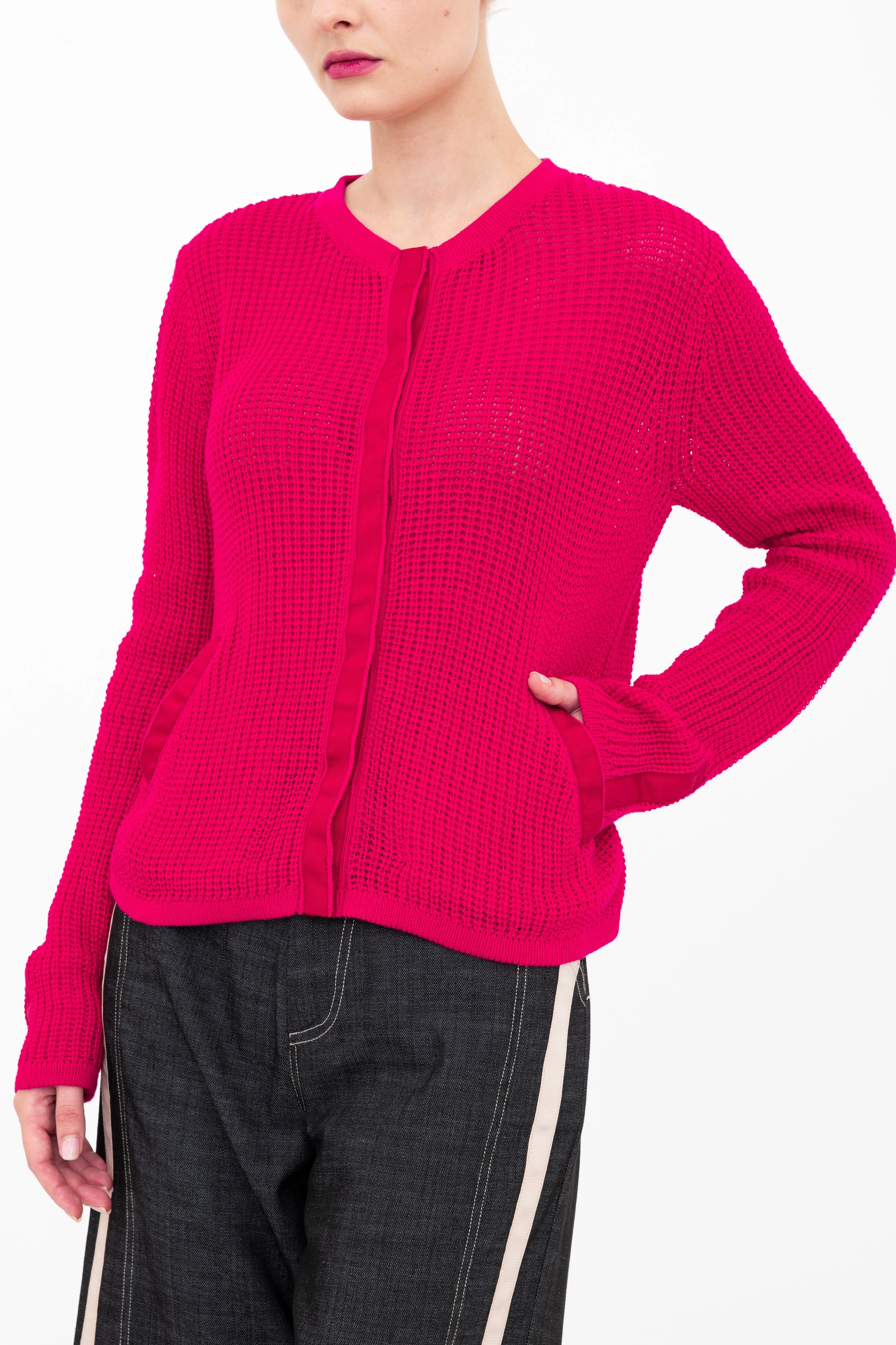 Cotton Waffle Knit Crew Neck Cardigan - BIJOUX