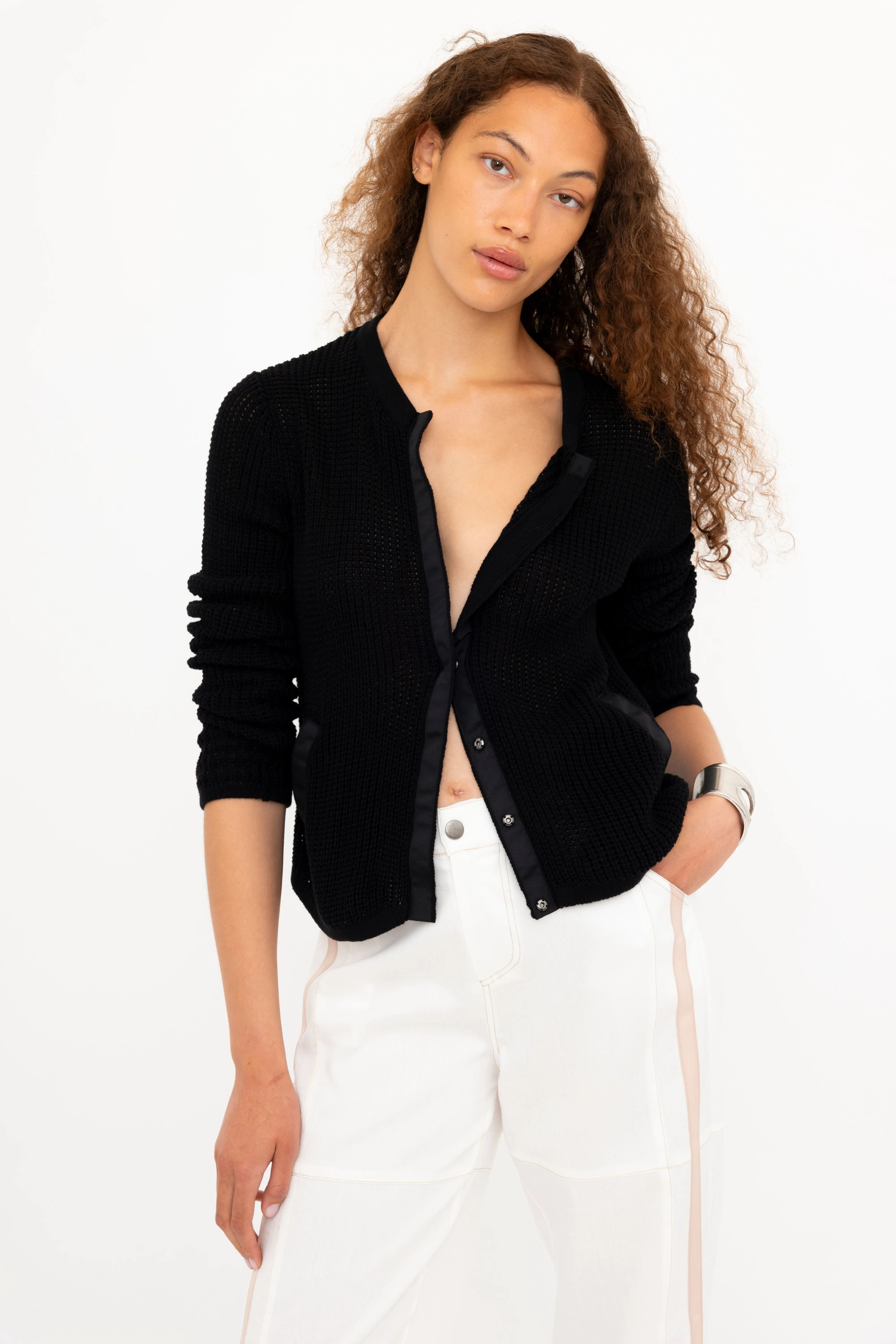 Cotton Waffle Knit Crew Neck Cardigan - BIJOUX