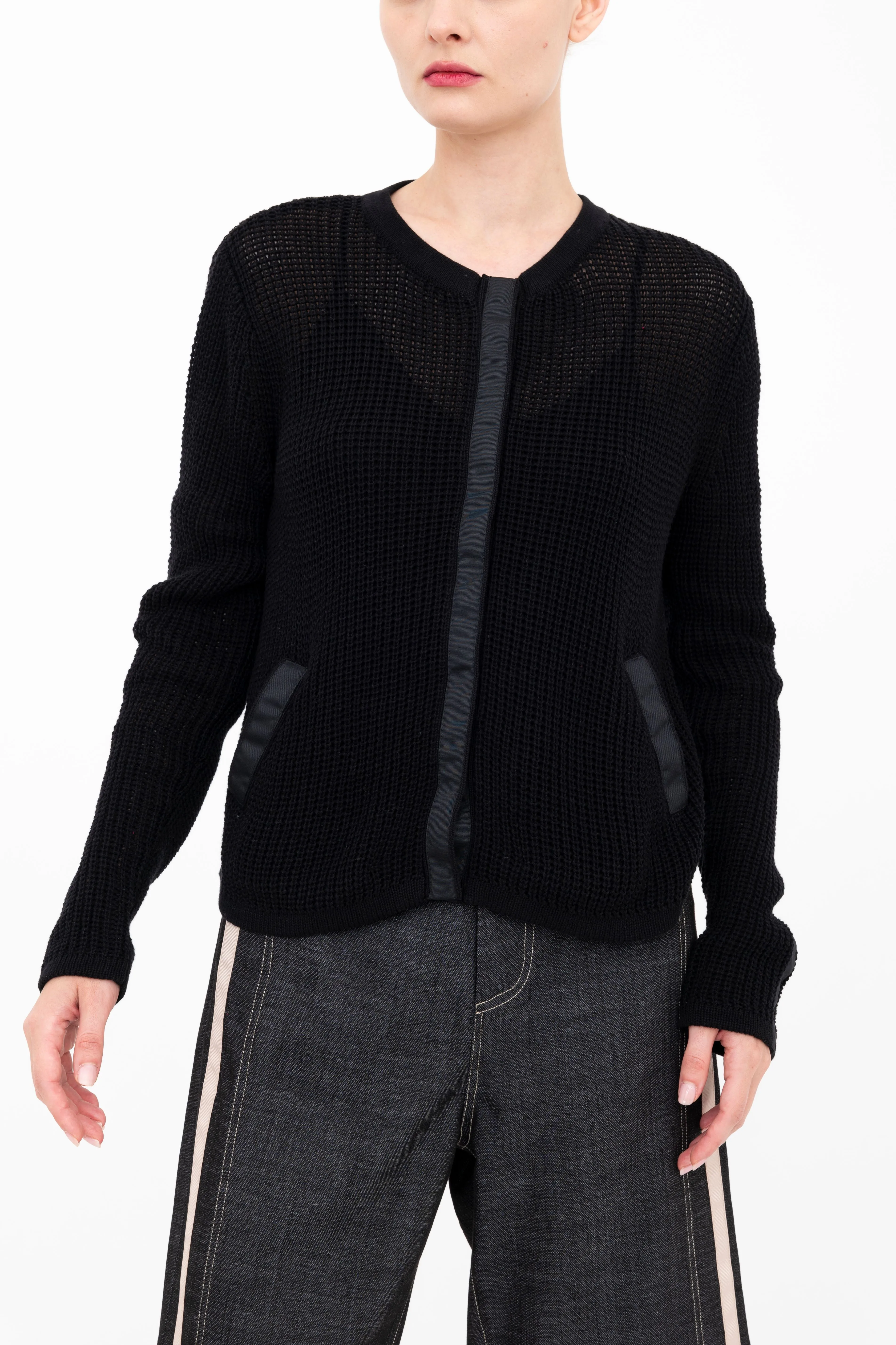 Cotton Waffle Knit Crew Neck Cardigan - BIJOUX