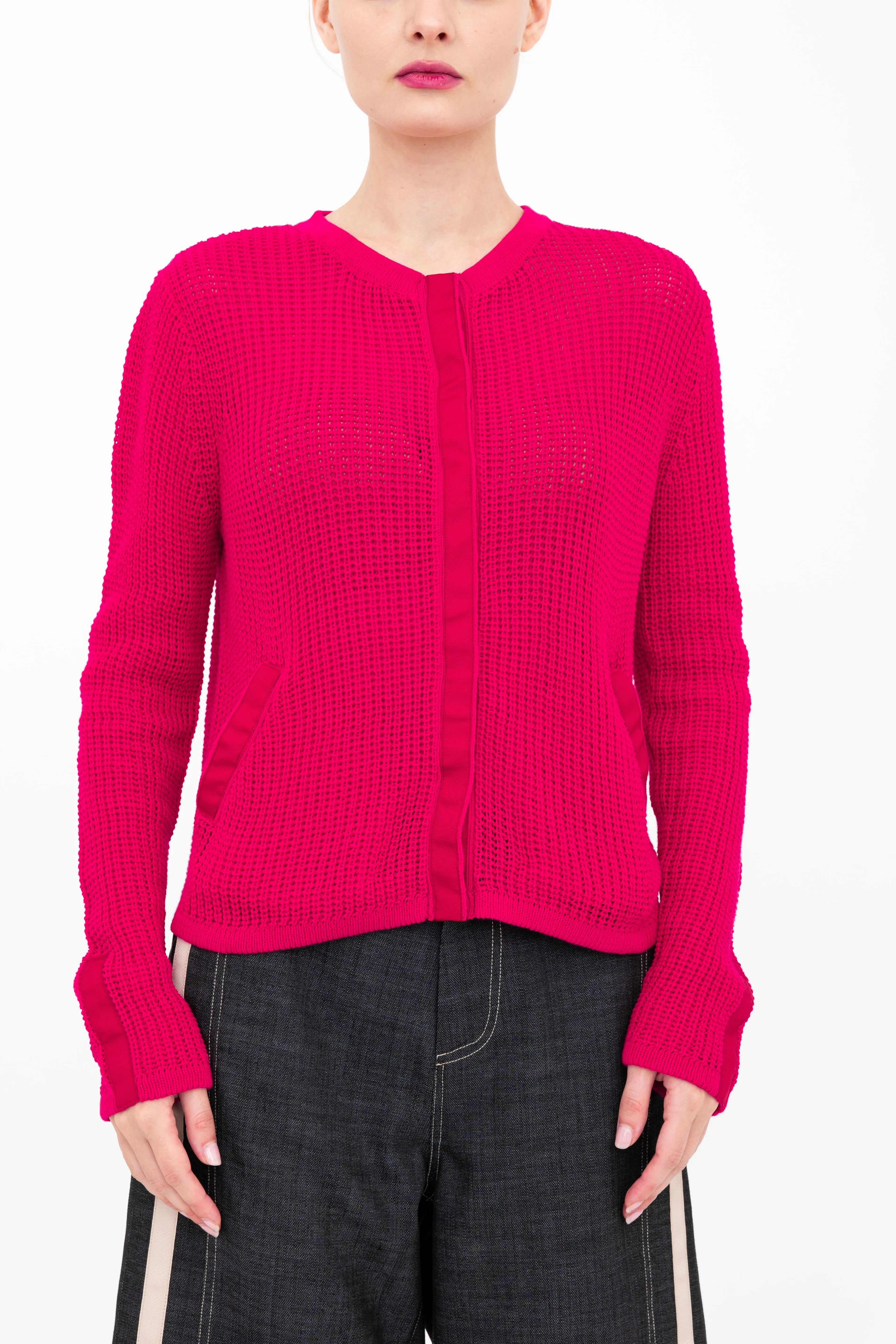 Cotton Waffle Knit Crew Neck Cardigan - BIJOUX