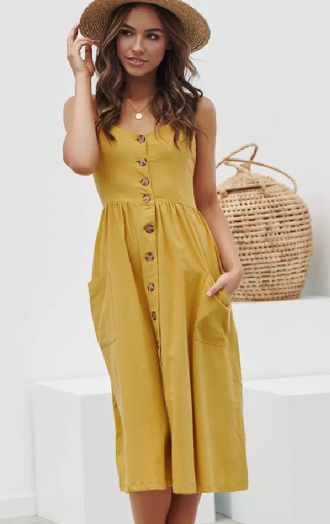 Curvy Sleeveless Button Down Pocket Dress - Mustard Yellow