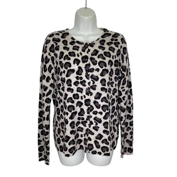 Cynthia Rowley Gray Black Leopard 100% Cashmere Cardigan Sweater L ~ Excellent
