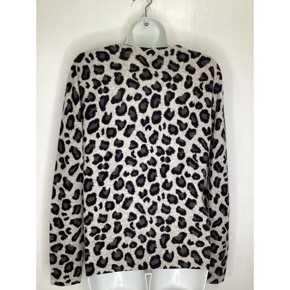 Cynthia Rowley Gray Black Leopard 100% Cashmere Cardigan Sweater L ~ Excellent