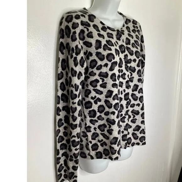 Cynthia Rowley Gray Black Leopard 100% Cashmere Cardigan Sweater L ~ Excellent